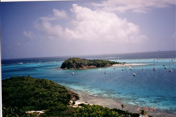 2001 A
        hilltop view of the anchorage at Tobago Cays Grenadines