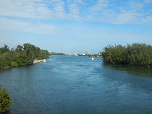 A view of the Intercoastal Waterway
        from a bridge that we crossed on our walk to the beach