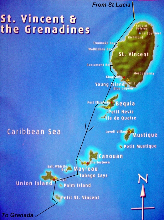A chartlet showing our route through
Saint Vincent and the Grenadines