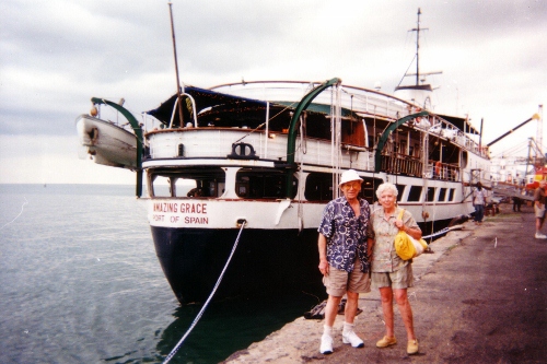 Ches and Winn arrive on the
Trawler Amazing Grace to join us for the main Carnival Day in
Trinidad