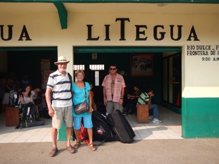 Brian and
            friends from SV TUCAN await the bus in Rio Dulce enroute to
            Antigua