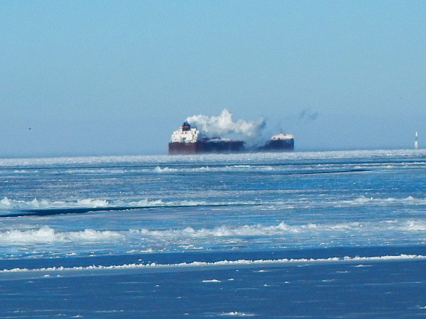 2018 Jan 4 a Lake Freighter makes it's way north through
        the ice