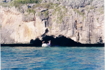 A
          dinghy exploration in a cave on Water Cay in the Jumentos