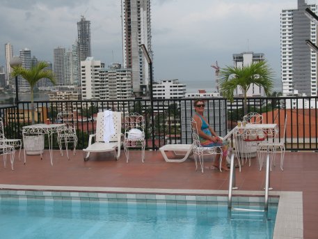 Kathy relaxes on the roof of our hotel in Panama City