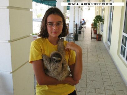Kendal shows us her baby three toed Sloth that she
        rescued from the nearby jungle