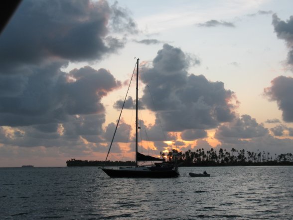Scrammin anchored in sunset at Green Island